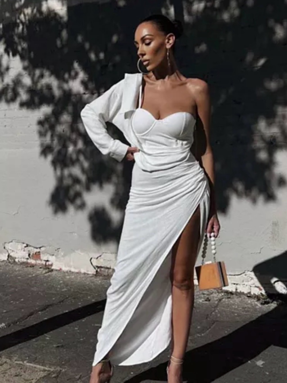 White Evita Linen Draped Dress